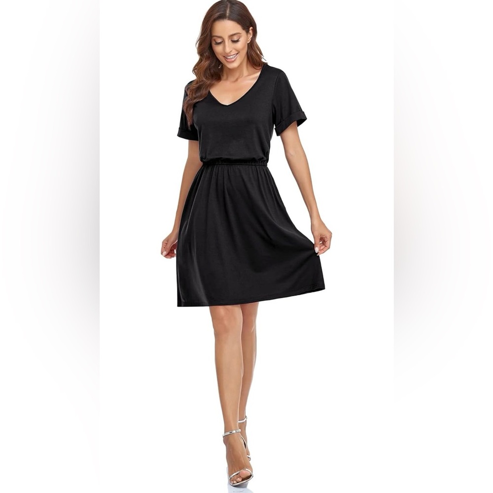ANRILITA Women’s Summer Dress Elastic Empire Waist Short Sleeve with Pockets - Picture 3 of 8